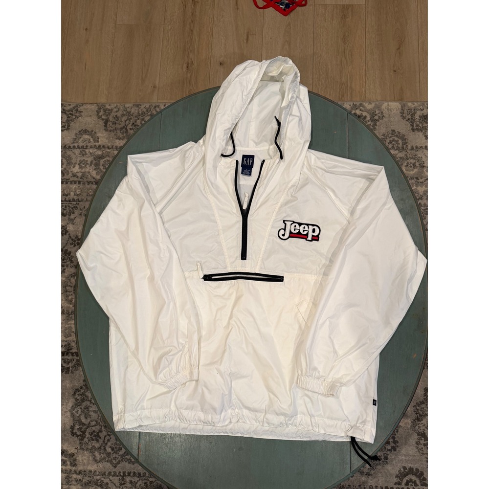 VTG GAP Jeep Windbreaker Mens Large‎ White Anorak Half Zip Hooded Jacket